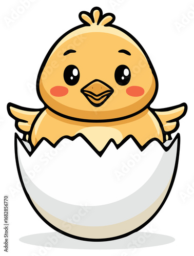 Cute cartoon yellow baby chick hatching from a broken eggshell new life