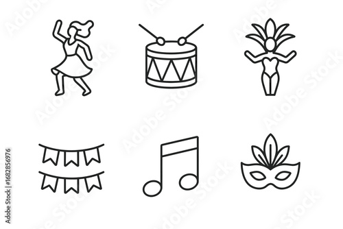 Carnival celebration icons featuring dance, drums, and masks