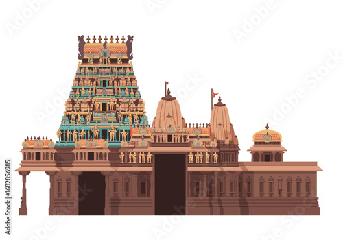 Ornate Hindu temple facade with towering gopuram flags and detailed carvings