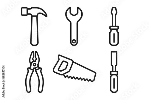 Outline icons of hammer, wrench, screwdriver, pliers, and saw