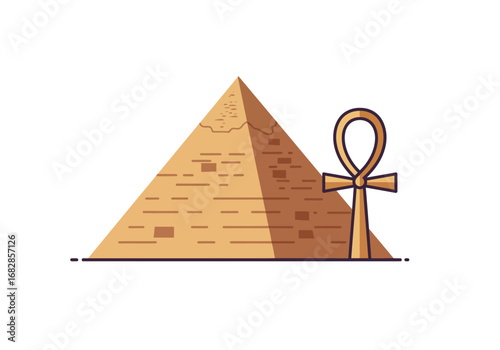 Pyramid and Ankh A stylized Egyptian scene featuring a pyramid next to an Ankh symbol on a plain background