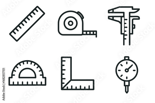 Set of measuring tool icons: ruler, tape, caliper, protractor, square, stopwatch