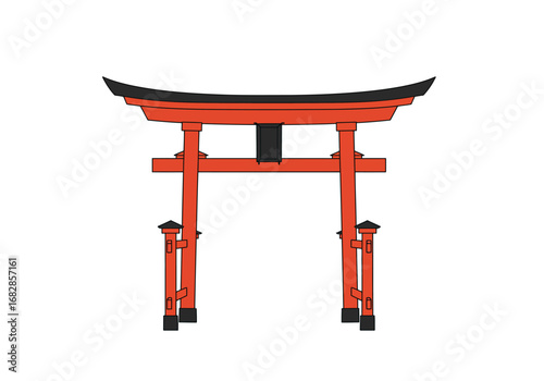 Red and black Torii gate against white featuring architectural elements