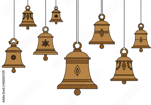Seven bronze bells hang from thin lines each bell uniquely decorated with shapes  details