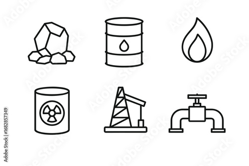 Energy and resource icons: oil barrel, gas flame, nuclear waste, drill, water pipe, minerals