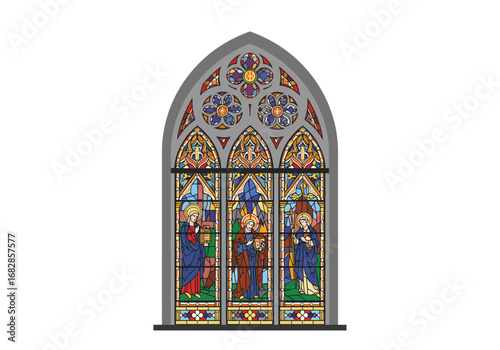 Stained glass window with arched top featuring religious figures and floral patterns