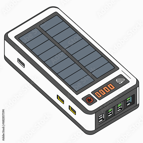 Solar-Powered Charger: Depicts a modern, technologically advanced portable charger harnessing solar energy, ready to revitalize electronic devices with sustainable power. 