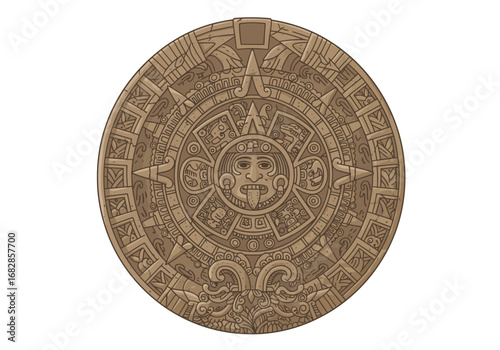 Stone Aztec calendar tan color intricate carvings of faces animals and geometric patterns