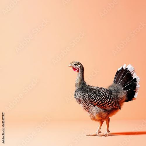 A tiny turkey poult strutting, feathers fanned, pale orange background, copy space on the right,