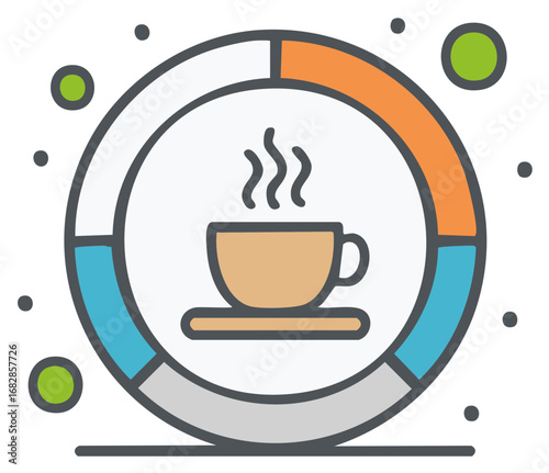Steaming Coffee Cup Inside Circular Progress Indicator with Colorful Segments and Dots