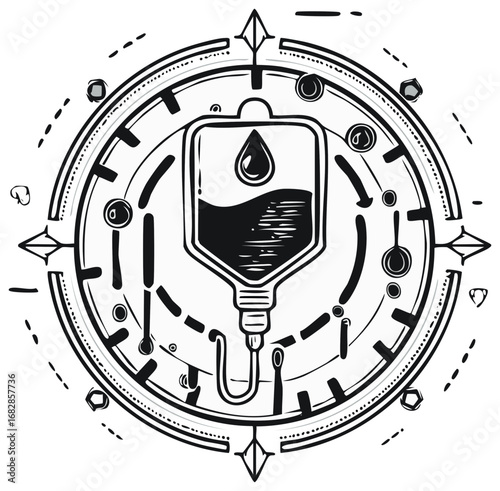 Abstract medical compass with intravenous drip bag and blood drop