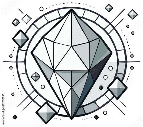 Abstract Diamond Geometrical Design: Polygon Shapes, Angular Edges, Circle Segments, Lines and Dots