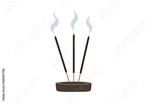 Three incense sticks burning in a dark rounded holder with wisps of smoke rising