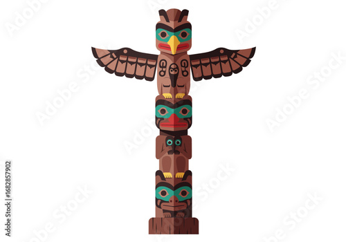 Totem pole with stylized animal carvings featuring an eagle on top with outstretched wings