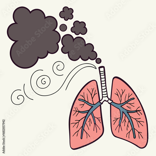 Toxic Air: A visual metaphor portraying the harmful effects of pollution as black fumes emerge from a pair of human lungs, symbolizing environmental degradation and health risks.
