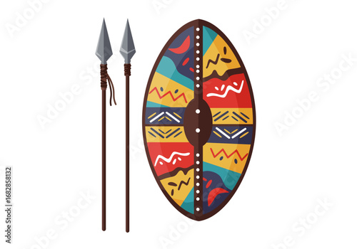 Two spears stand beside an oval shield with colorful Africaninspired patterns