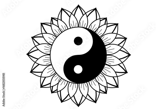 Yinyang symbol centered within sunflowers petals alternating color fields with contrasting small circles