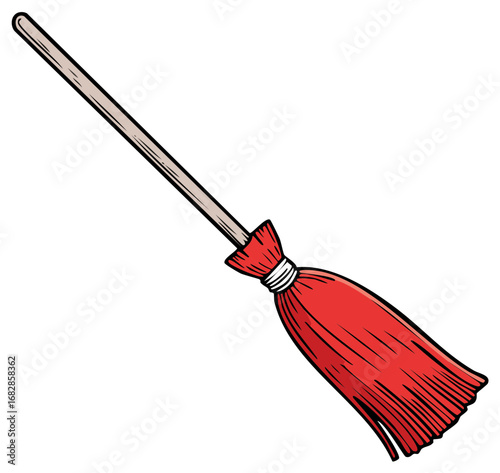 Cartoon Witch Broom with Red Bristles and Wooden Handle
