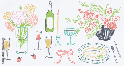 Colorful wedding, birthday or family dinner table. Save the date card, poster, banner or placard. Wine flowers drawing for romantic date invitation, cafe menus and party in wax crayon, pencil style.