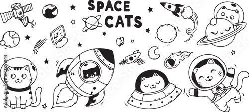 Space Cats Doodles – Cats in Space, Astronaut, Rocket, UFO, Planets, Stars, Galaxy, Moon, Alien, Universe, Hand Drawn, Cute, Cartoon Style, Whimsical, Space Travel, Funny, Black and White, Creative Sk