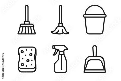 Set of cleaning tools icons: broom, mop, bucket, sponge, spray bottle, dustpan