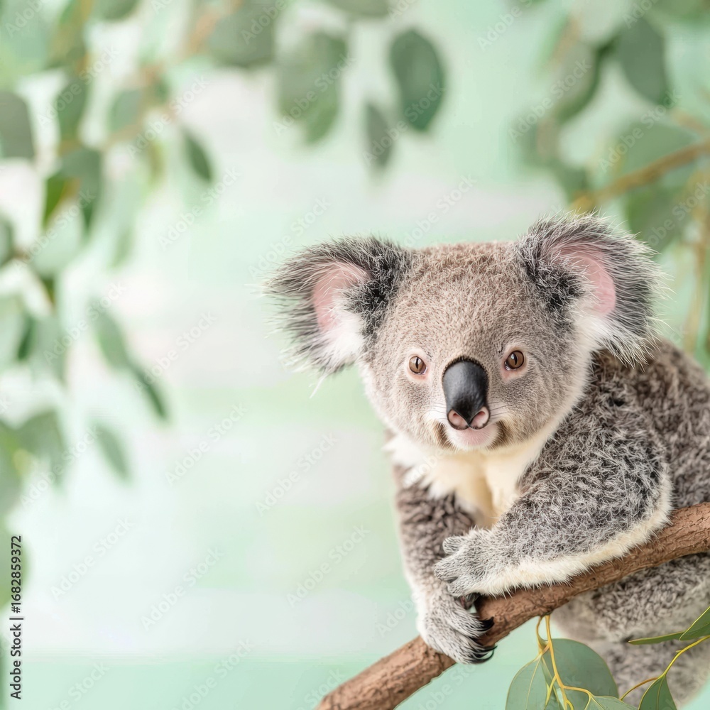 Naklejka premium A tiny koala clinging to a branch, fuzzy ears perked, light green background, copy space on the right,