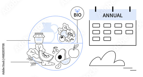 Assorted organic produce with a bio label near a calendar marked annual, symbolizing planning health and sustainability. Ideal for agriculture, eco-living, nutrition, wellness, productivity, goals