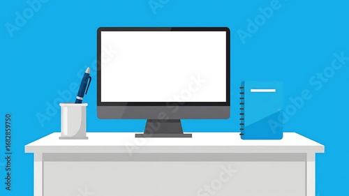 Modern Desktop Computer Setup with Blank Screen on White Table Against Blue Background.