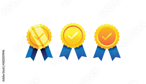 Vector set of three golden medals with blue ribbons and checkmarks. Ideal for designs related to achievement, quality assurance, certification, and awards. Perfect for websites, apps, and marketing