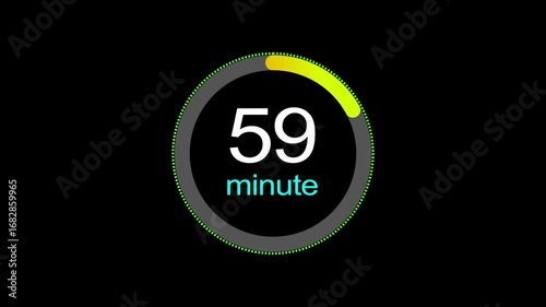 59 minute countdown clock icon, a dynamic circle and 59 minute clock loading icon animation. black background and creating a stunning 4k video.