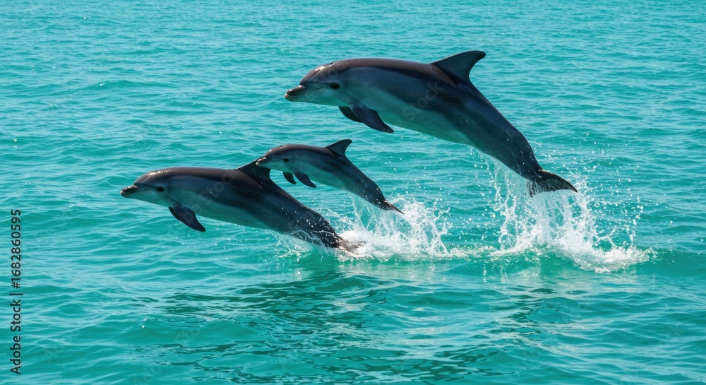 Fototapeta premium Three playful dolphins leap gracefully through turquoise water, showcasing their joyful energy.