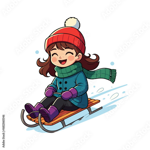 Little girl cartoon snowboarding with her friends on a fun winter holiday