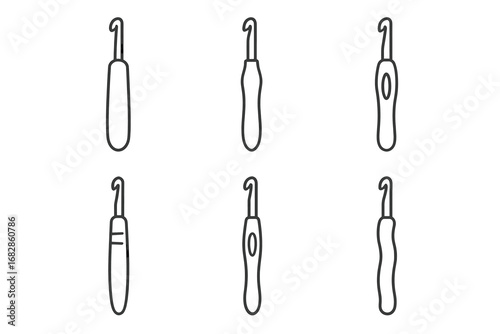 Various crochet hook designs: simple outlines and diverse handle shapes