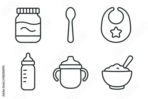 Baby feeding essentials: jar, spoon, bib, bottle, sippy cup, bowl line icons