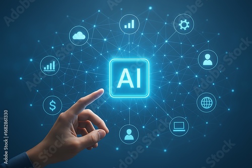 Digital ai hub with connected business icons for analytics finance settings cloud user network computer and globe showcasing intelligent technology integration on dark blue background