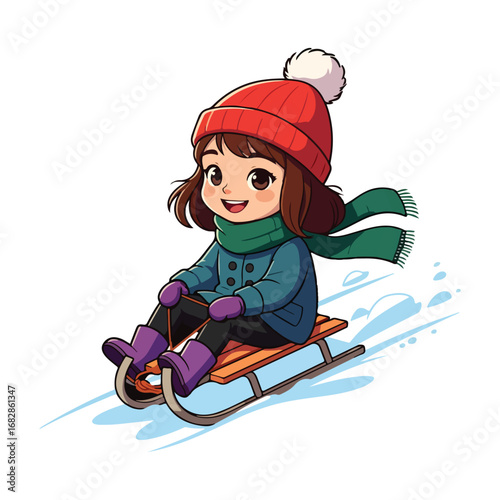 A joyful little girl is snowboarding with her friends on a snowy mountain, enjoying the winter sports activity
