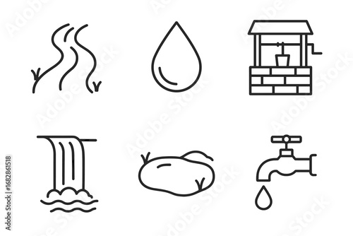 Outline icons of river, water drop, well, waterfall, pond, and faucet