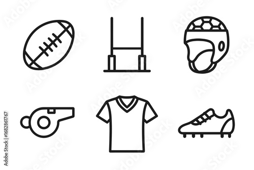 Rugby equipment icons: ball, goalposts, helmet, whistle, jersey, cleat