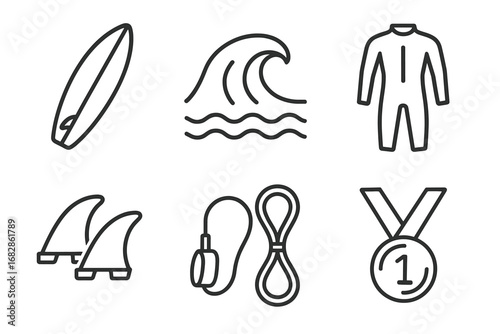 Surfing equipment icons: surfboard, wave, wetsuit, fins, leash, medal