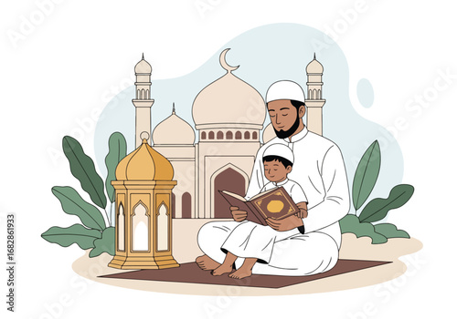 Adobe illustrator artwork vector illustration of a Muslim father and son peacefully reading the Al-Quran, with a mosque and lantern in the background, ideal for Islamic holidays and education
