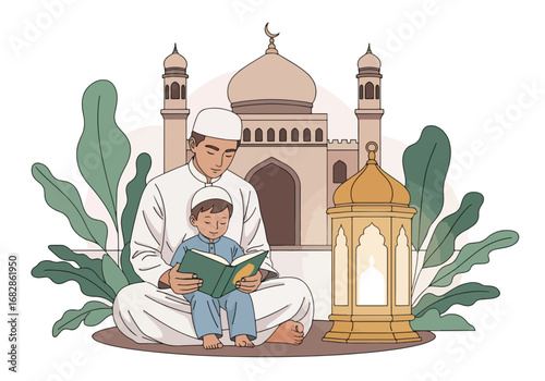 Adobe illustrator artwork vector illustration of a Muslim father and son peacefully reading the Al-Quran, with a mosque and lantern in the background, ideal for Islamic holidays and education