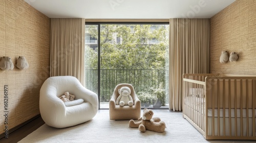 Peaceful Modern Nursery Room Interior with Baby Crib, Soft Chairs, and Large Window
