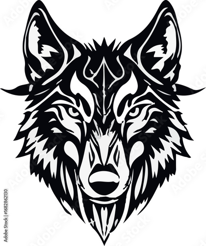 A fierce wolf head tattoo design, stylized as a tribal vector illustration