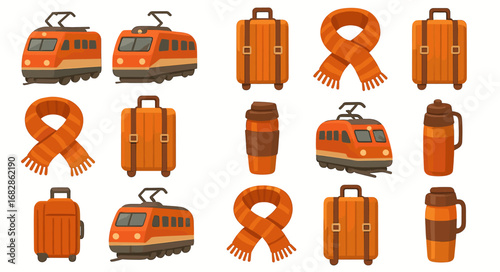 Pattern of orange trains, luggage, thermoses, and scarves on white background