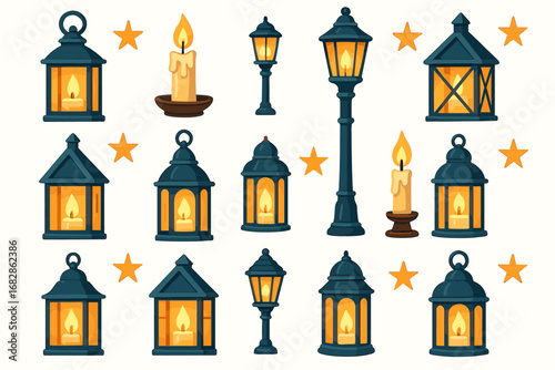 Collection of vintage lanterns and candle illuminations on white background