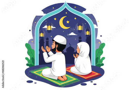 Adobe illustrator artwork vector illustration of a Muslim man and woman praying during Ramadan or Eid, beneath a crescent moon and stars, framed by an archway with lanterns