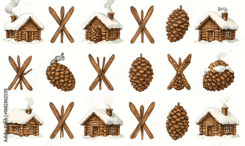 Rustic winter pattern with log cabins, pine cones, and wooden skis in snow