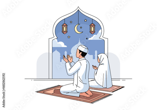 Adobe illustrator artwork vector illustration of a Muslim man and woman praying during Ramadan or Eid, beneath a crescent moon and stars, framed by an archway with lanterns