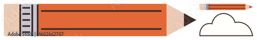 Oversized orange pencil, smaller pencil, and cloud outline convey creativity, education, writing tools, idea generation. Ideal for learning, art, innovation minimalism productivity design simple