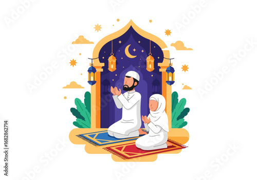 Adobe illustrator artwork vector illustration of a Muslim man and woman praying during Ramadan or Eid, beneath a crescent moon and stars, framed by an archway with lanterns